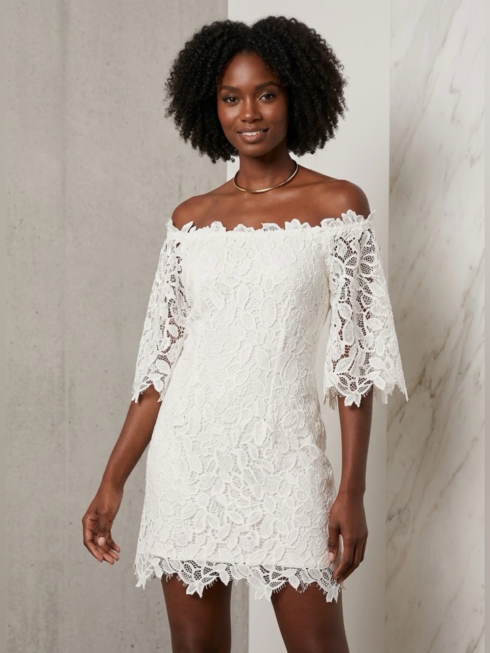 ASTR The Label Madeline Ivory Lace Off Shoulder Mini Dress Bell Sleeve M